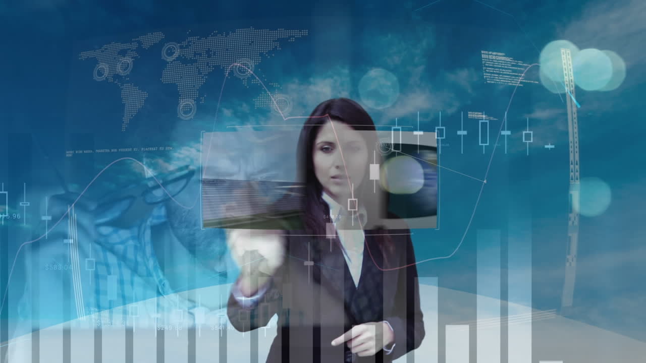 animación de una mujer de negocios usando una interfaz de pantalla táctil sobre un hombre de negocios y procesando datos