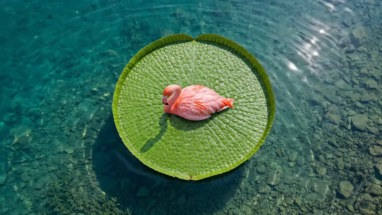 Flamingo Rosa Descansando em uma Vitória-Régia Gigante em Água Cristalina