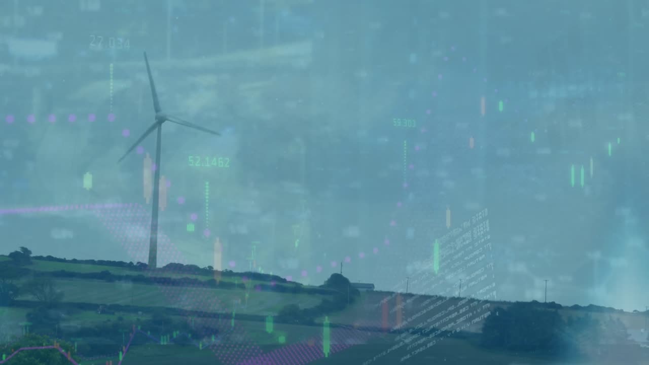 The animation shows financial data and graphs moving against a green screen
