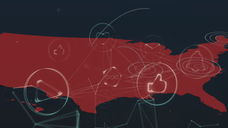 animation of network of digital icons over map of united states of america