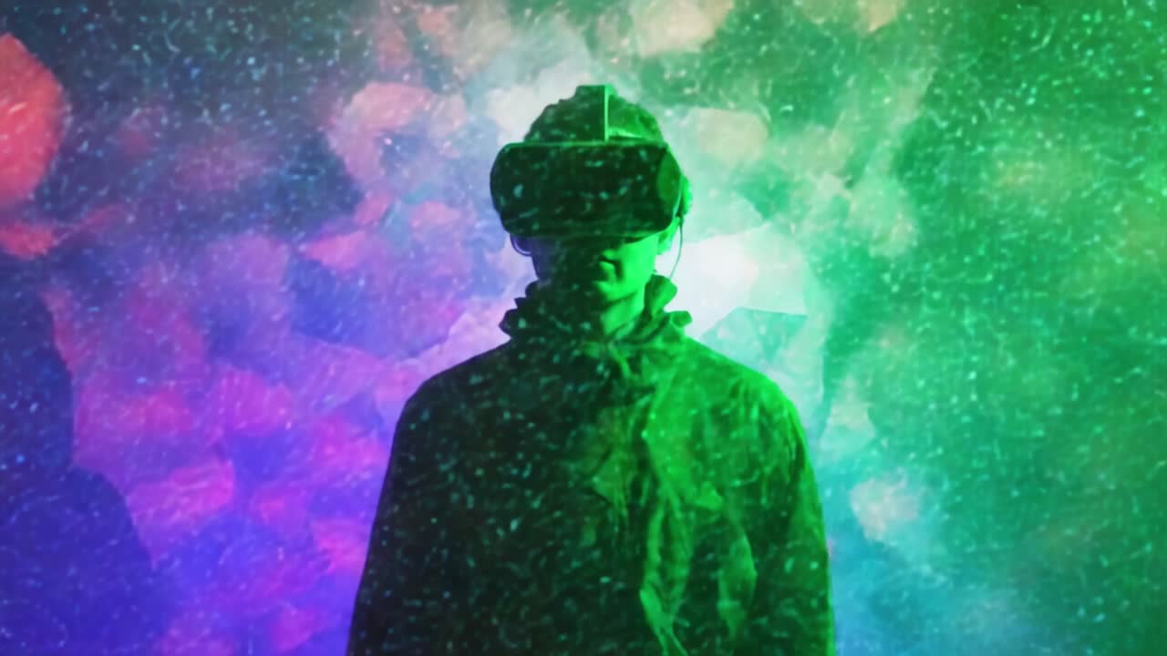 Exploring the Boundaries of Virtual Reality: A Person Immersed in a Multicolored, Abstract Universe Through an Advanced VR Headset Surrounded by Magical Light Patterns and Vibrant Colors