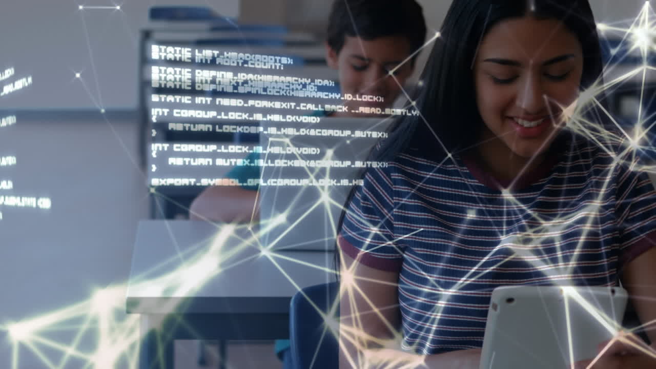 red de conexiones y procesamiento de datos contra una estudiante que usa computadora portátil en clase