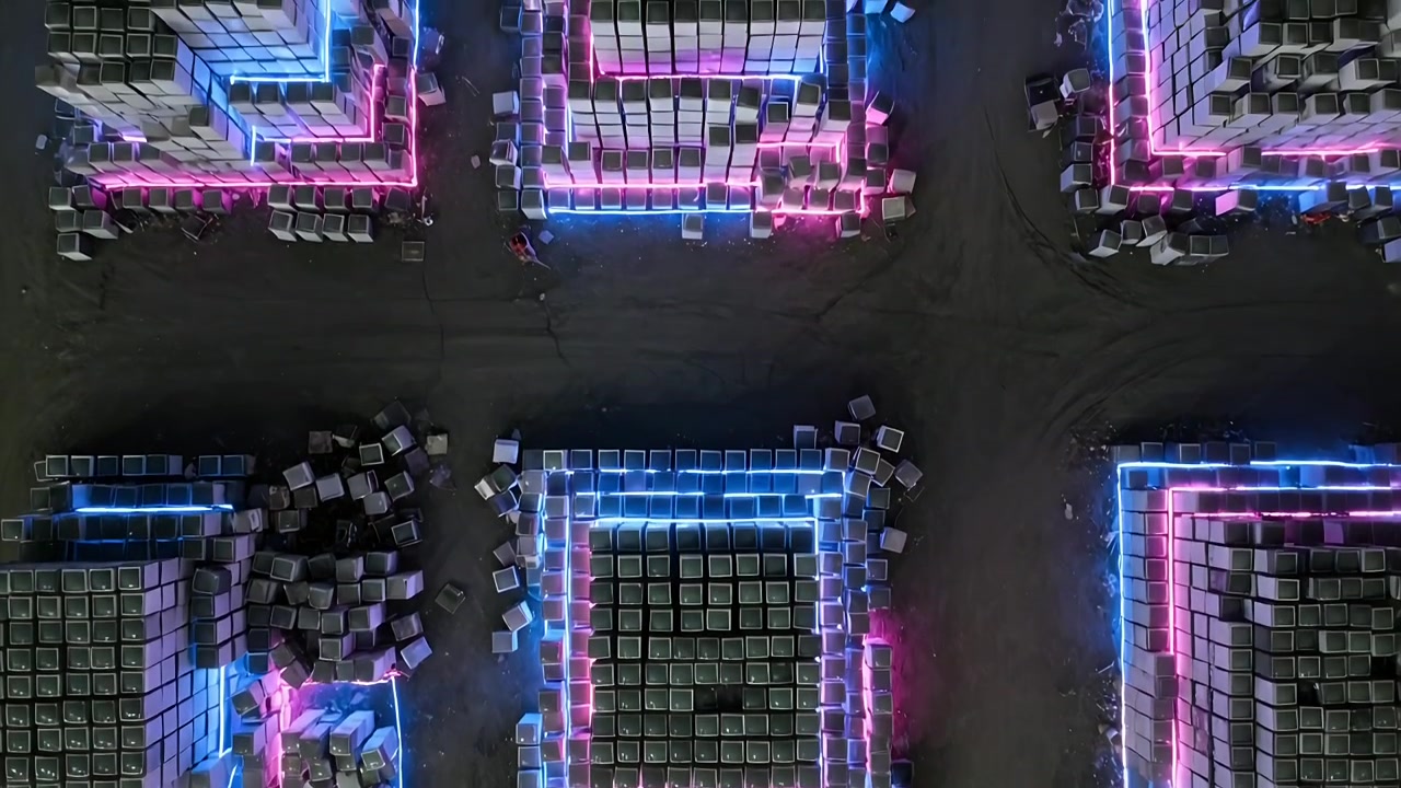 Playing causing neon strips shifting and view sliding, showing central hollow cube in top-down view