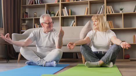 Happy Elderly Couple Doing Fitness Yoga at Home Mature Retired Husband and Wife Enjoying Meditation Happy Elderly Couple Doing Fitness Yoga at Home Mature Retired Husband and Wife Enjoying Meditation Healthy Lifestyle Concept