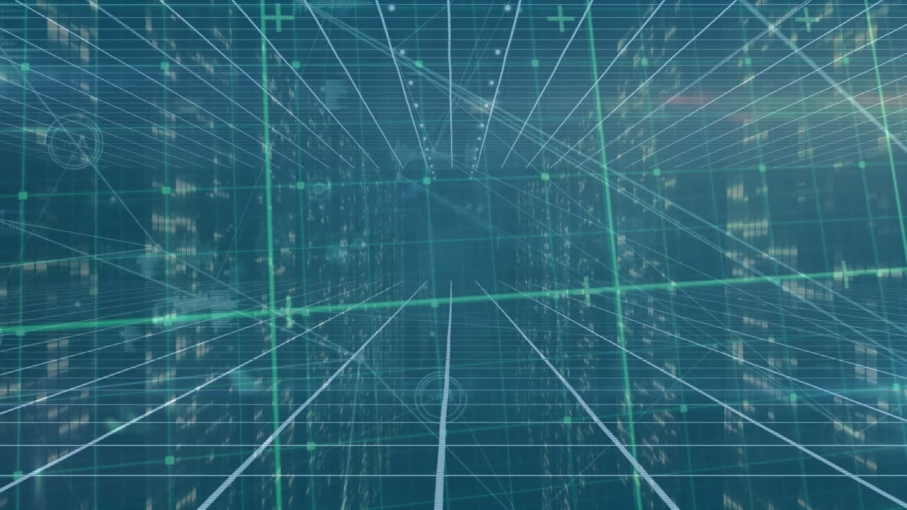 Animation of network of connections over grid network against screens of mosaic squares