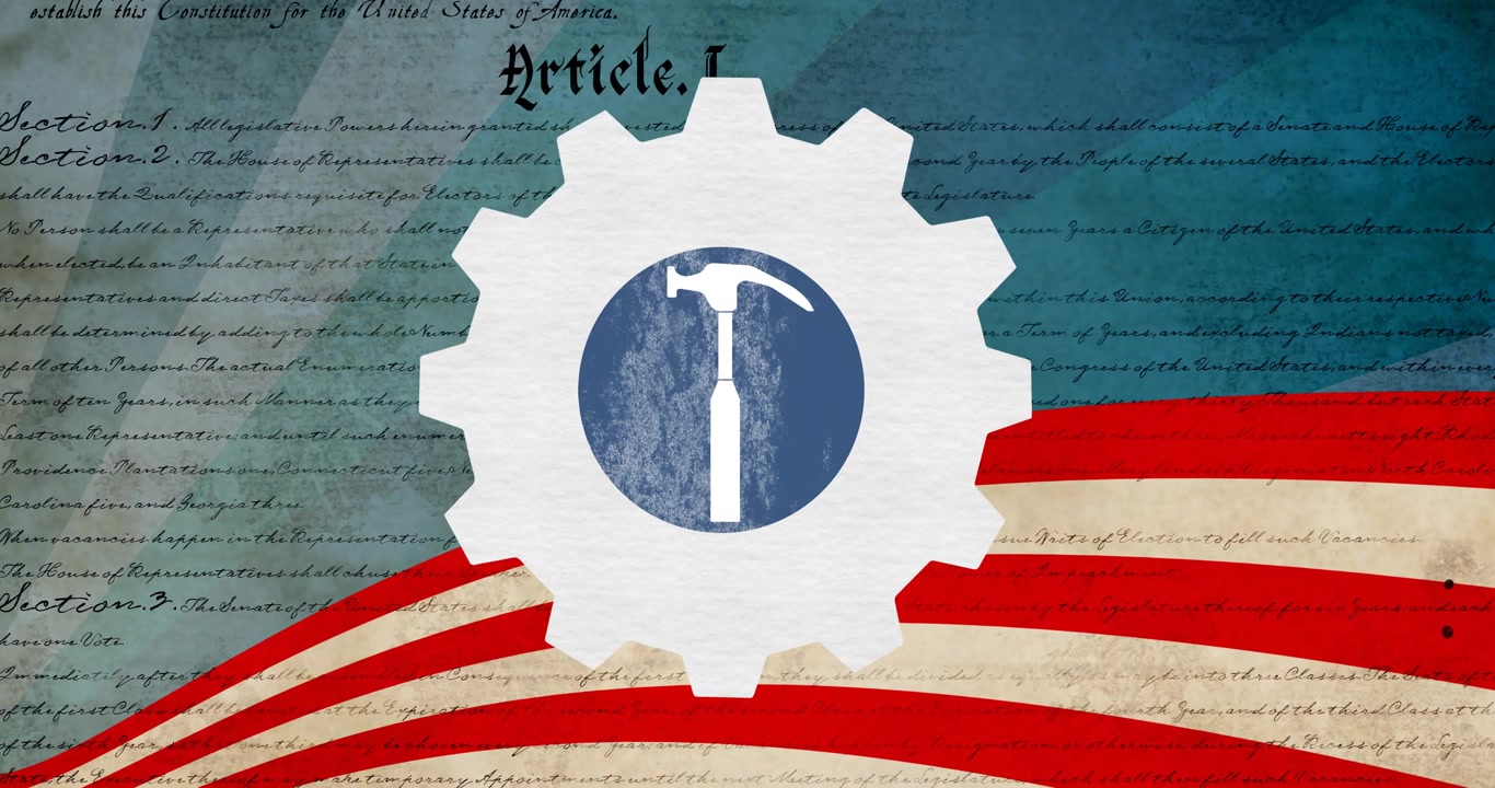 Animation of labor day hammer over cog, constitution text and american flag
