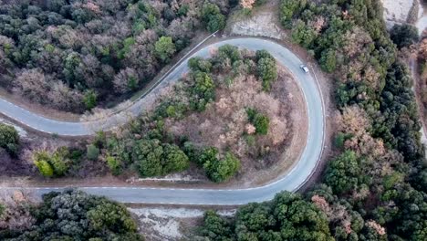 vista aérea de conducción de automóviles en la carretera europea con curva cerrada en el bosque