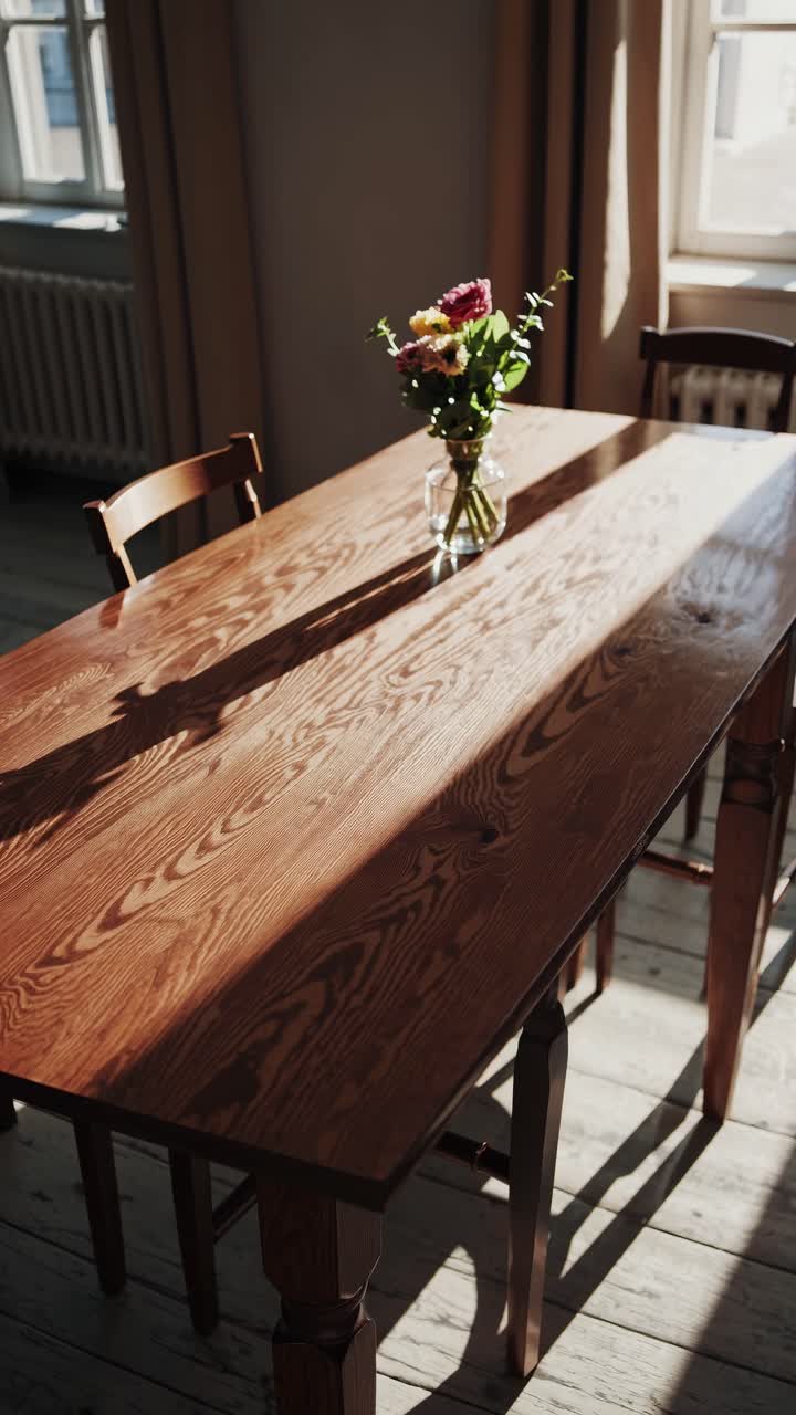 A sunlit wooden table with a vase of flowers, captured from a high angle