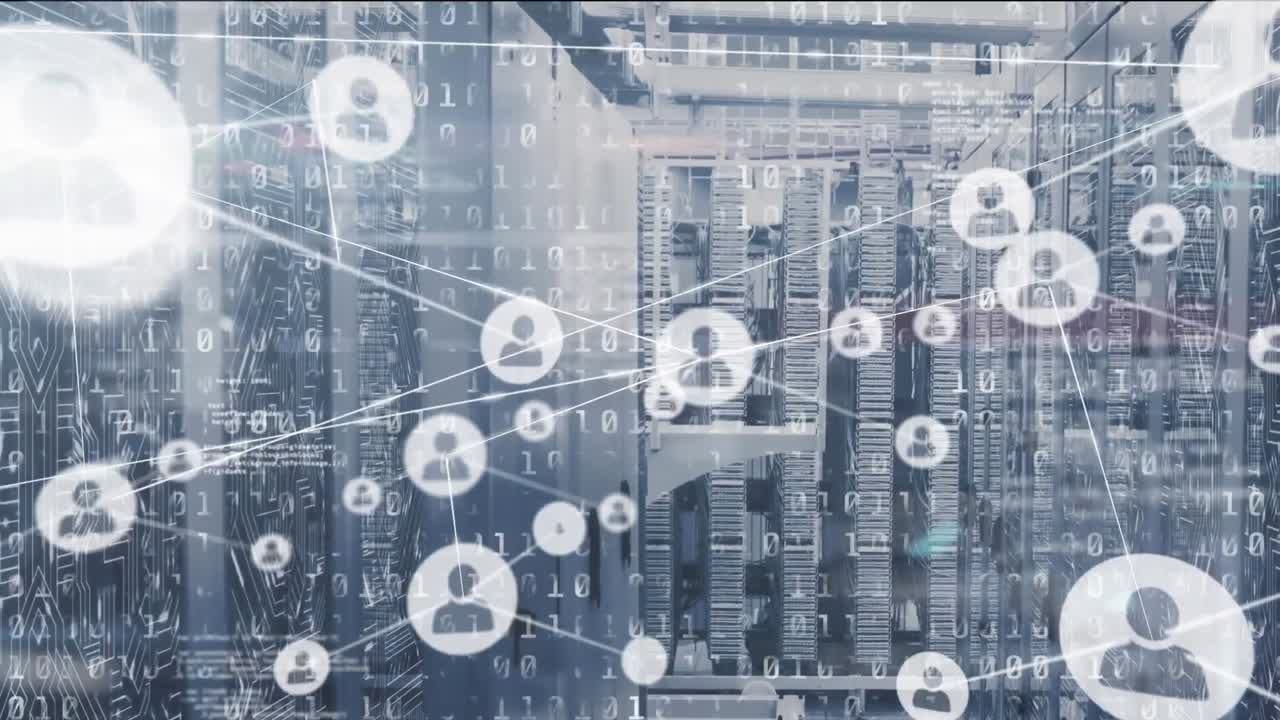 Animation of network of connections with icons over server room and data processing