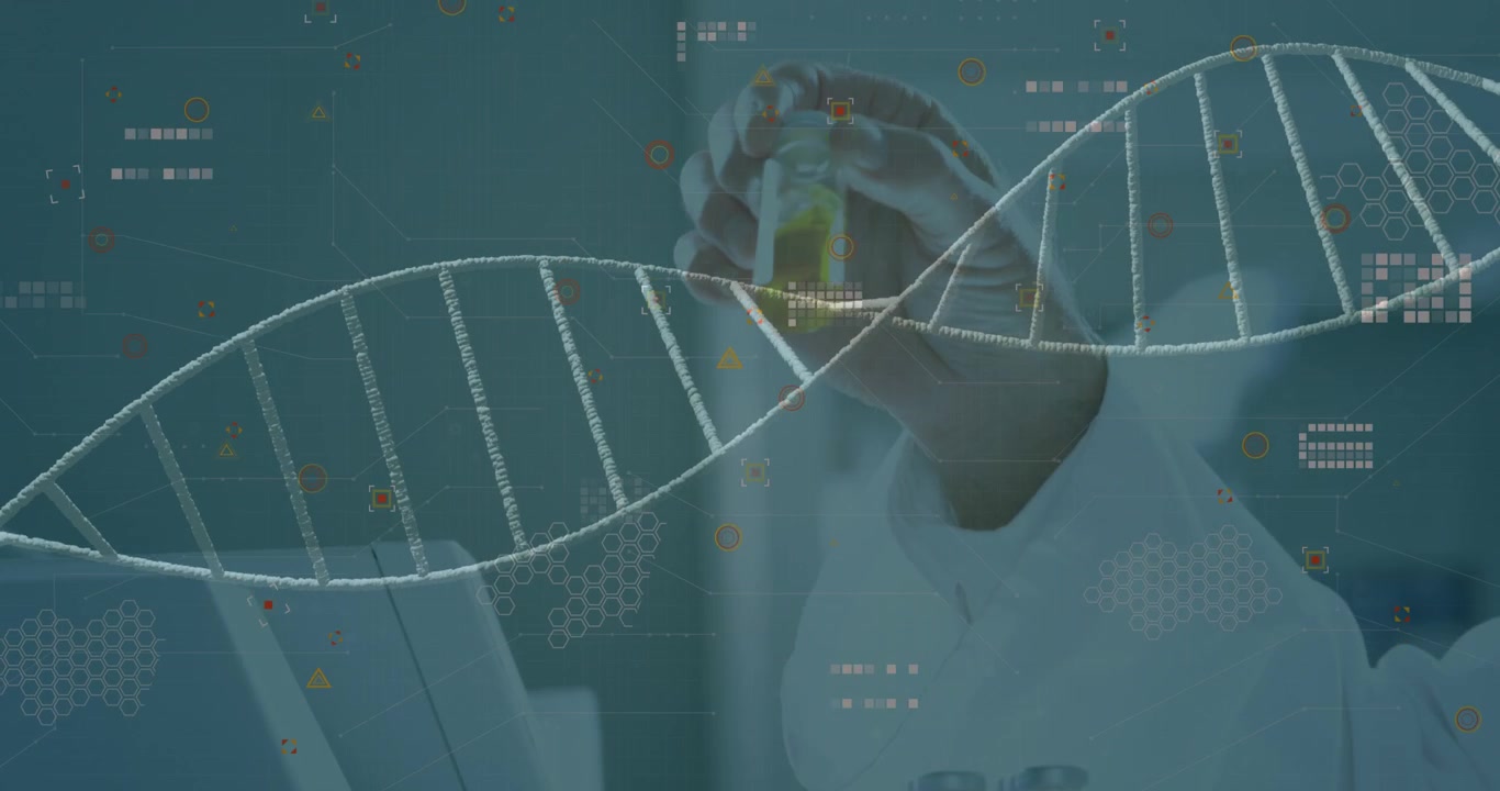 Animation of spinning dna strand an data processing over caucasian scientist in laboratory