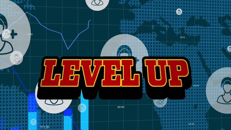 Animation of level up in digital abstract space with user icons