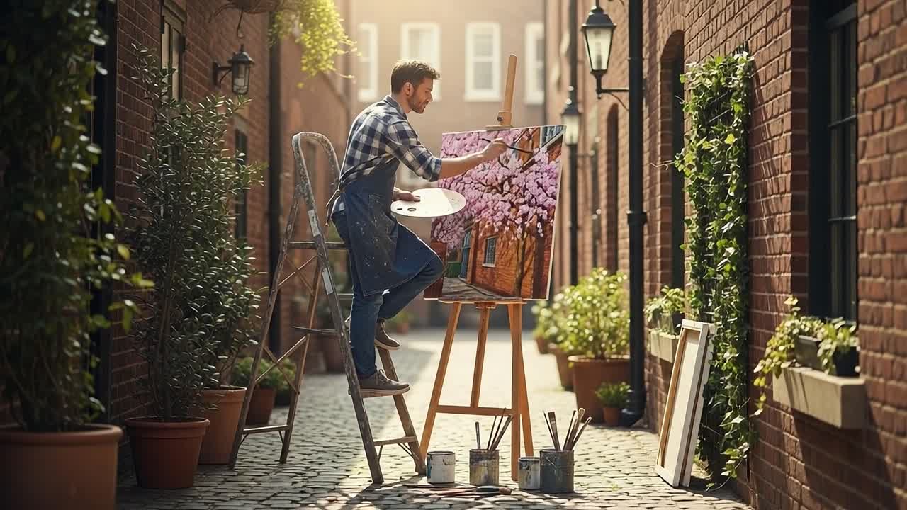 An Artist Captures the Beauty of Springtime Blooms in a Serene Alleyway, as He Paints a Vibrant Canvas Surrounded by Nature's Splendor