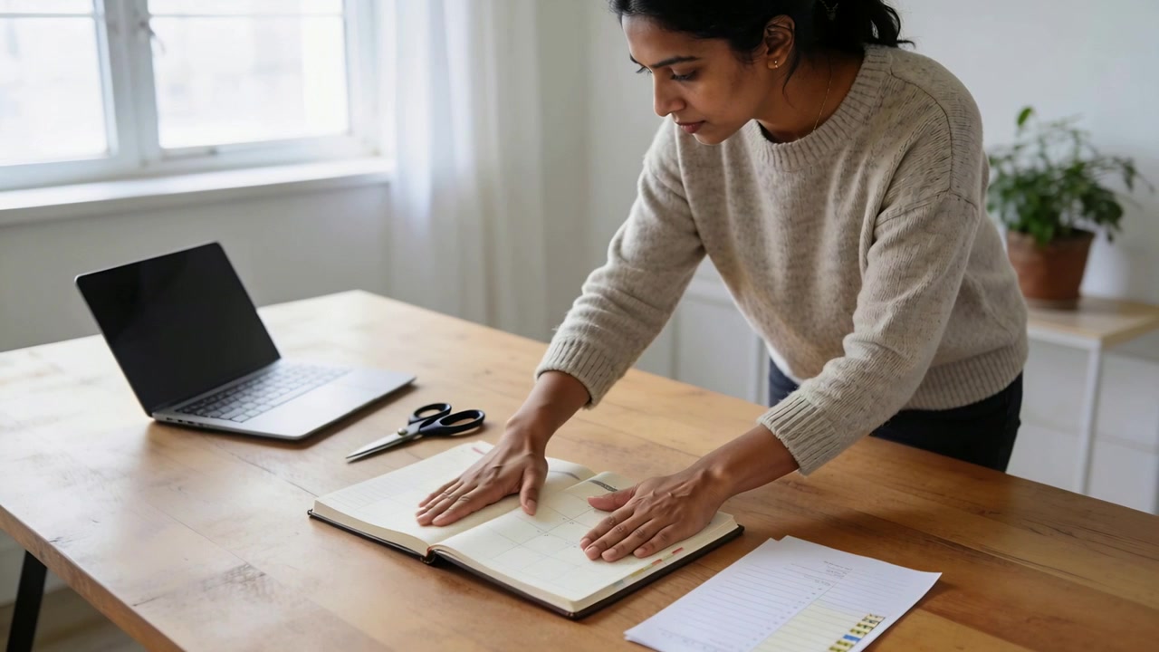 Leaning, woman in beige sweater flattening notebook on table at home working with laptop, swatches