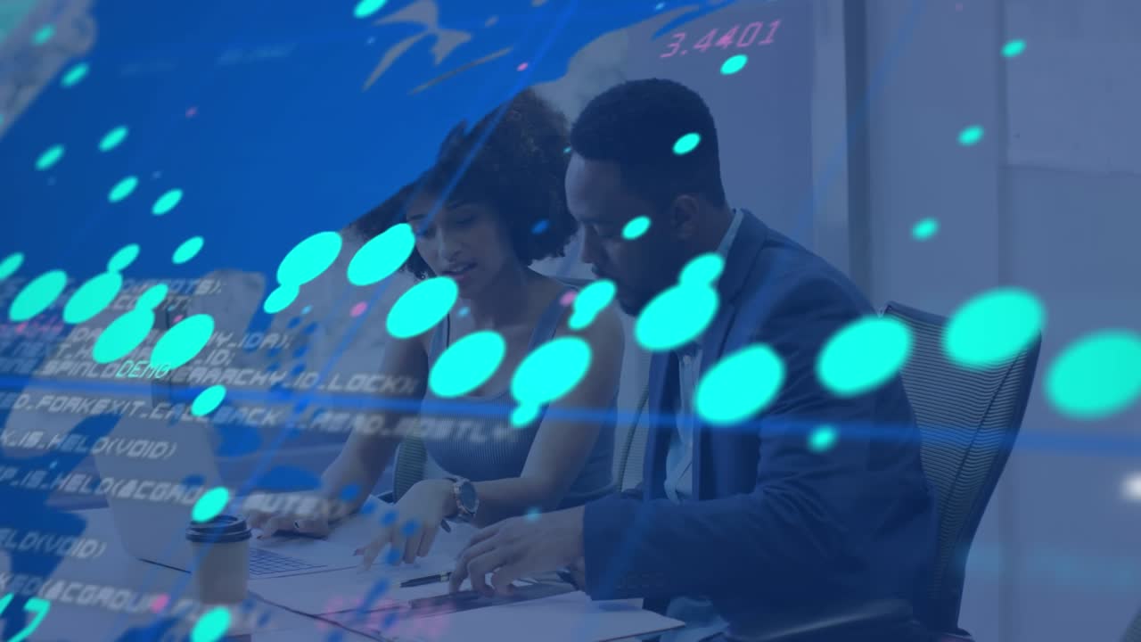 Animation of graphs and numbers over african american businesspeople in office