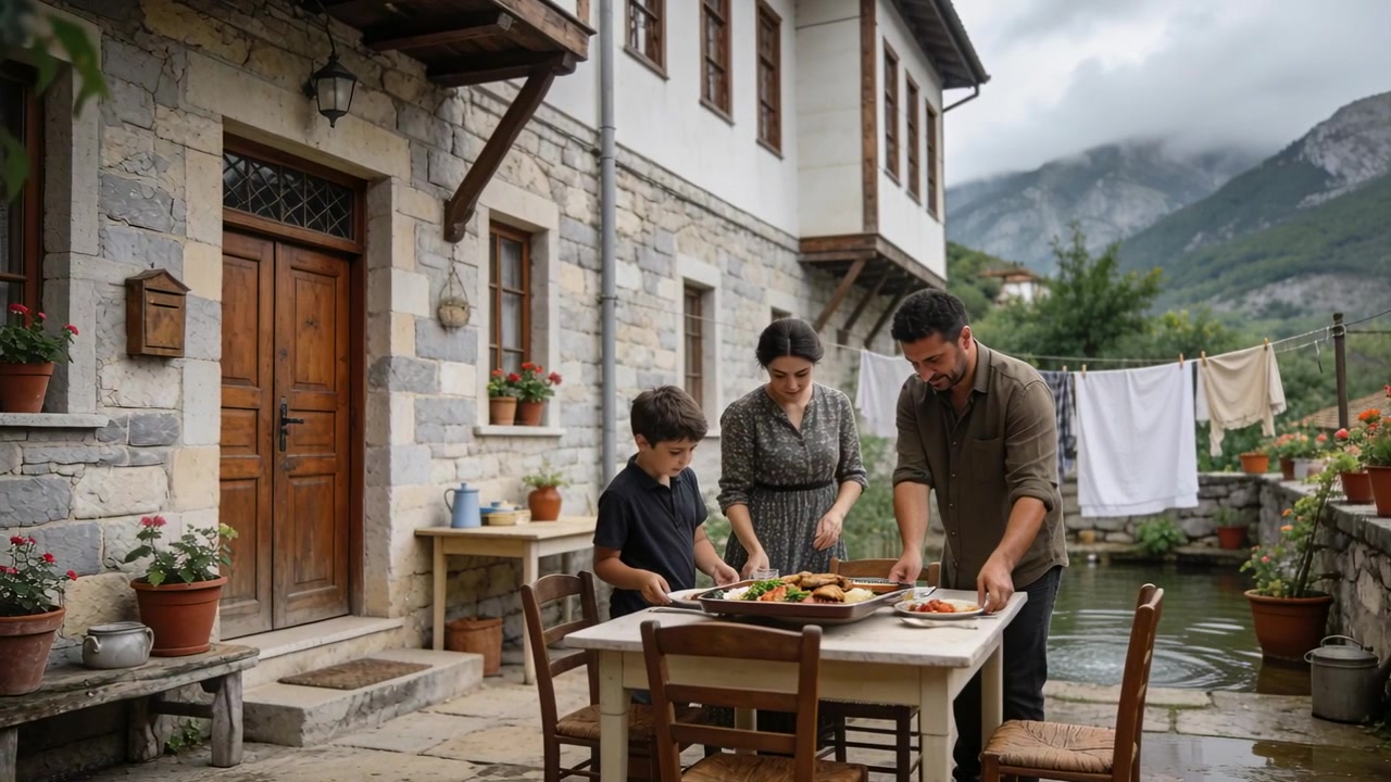 Posizionando un grande vassoio, genitori e figlio si protendono per servire i piatti a un tavolo di pietra nel cortile, preparando il pasto