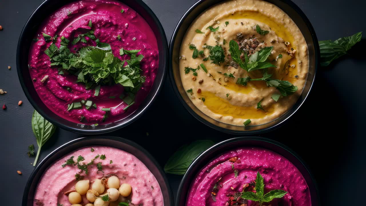 Four bowls of colorful hummus variations with beetroot, chickpeas and basil leaves are arranged on a dark background, creating a vibrant and appetizing presentation of this middle eastern dish