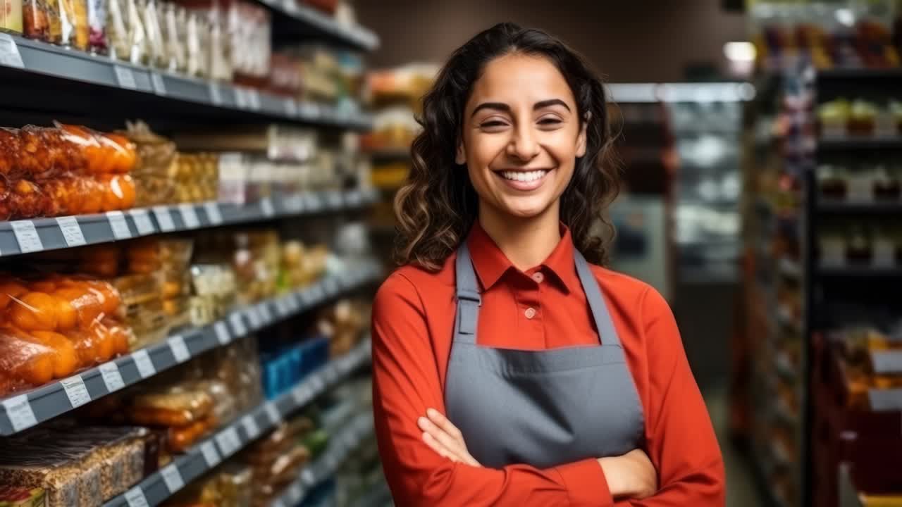 A cheerful grocery store worker smiles confidently in a medium close-up shot