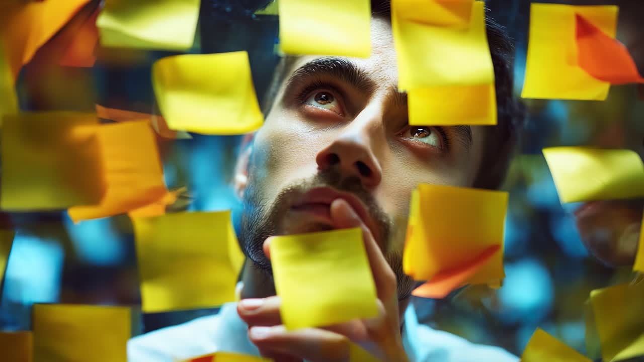 A contemplative young man gazes thoughtfully at a multitude of colorful sticky notes surrounding him, symbolizing ideas, creativity, and the brainstorming process in a vibrant environment