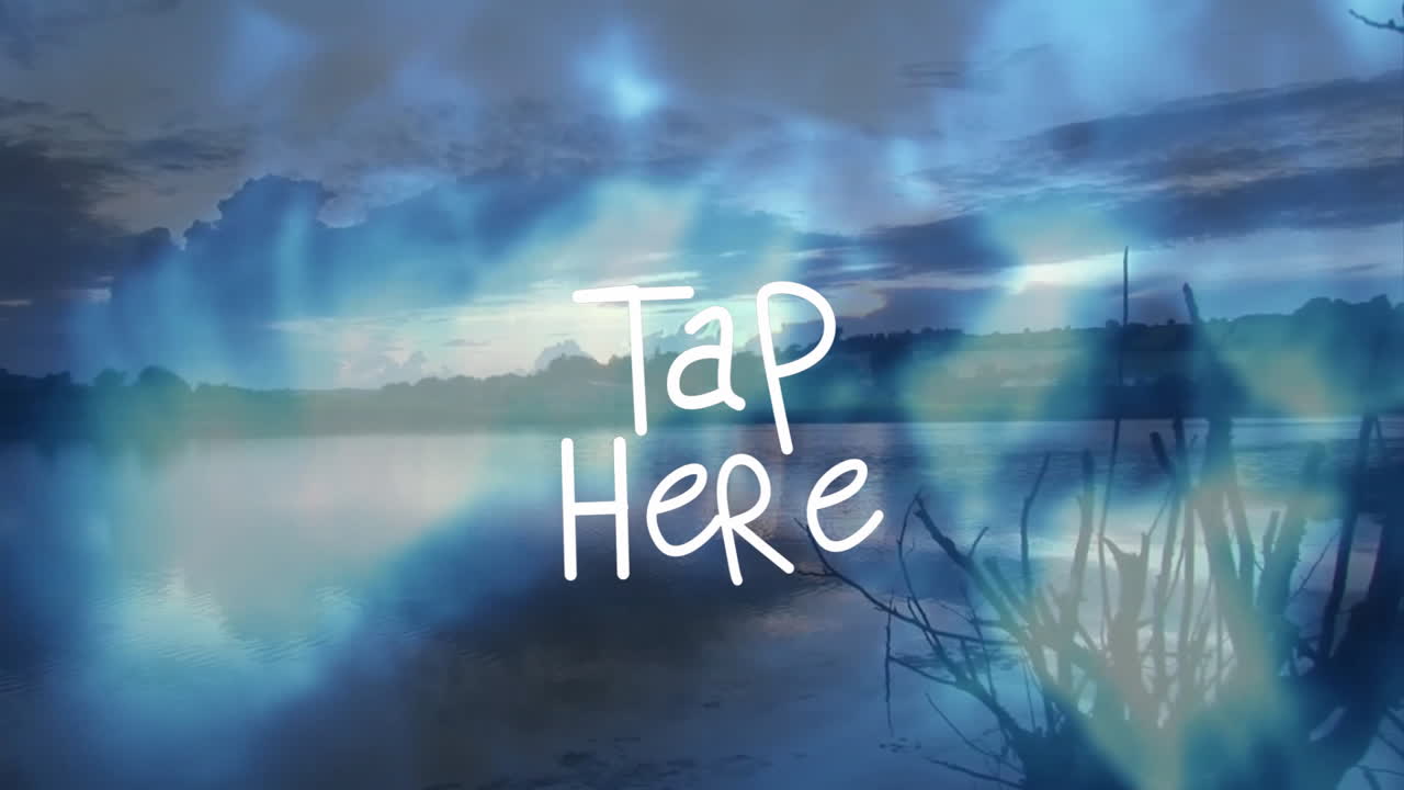Animation of serene lake landscape with blue abstract overlay and Tap Here text