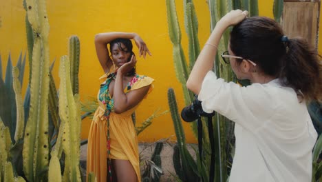 fashion model photo shoot with cactus backdrop