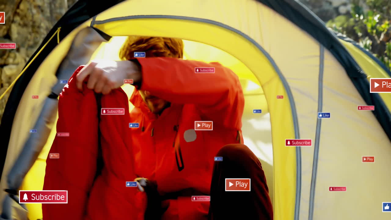 Camper bending inside yellow tent, grabbing gear, showing floating social media marketing icons