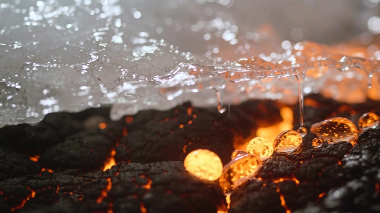 Bordo di ghiaccio che si scioglie, con lava che riscalda la parte inferiore, formando goccioline che si staccano, cadono e producono vapore.