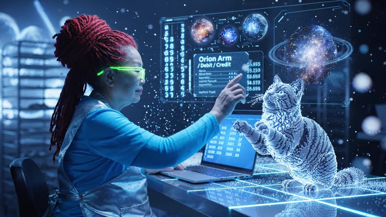 A Futuristic Scene Featuring a Woman and a Holographic Cat Analyzing Cosmic Data on a Laptop in a High-Tech Environment with Stunning Visual Effects.