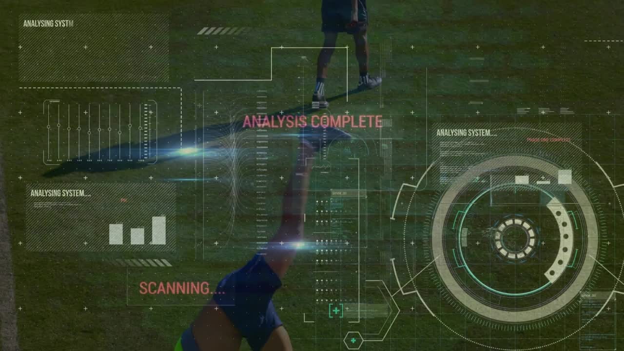 Animasjon av databehandling over beina til ulike mannlige fotballspillere på en idrettsbane.