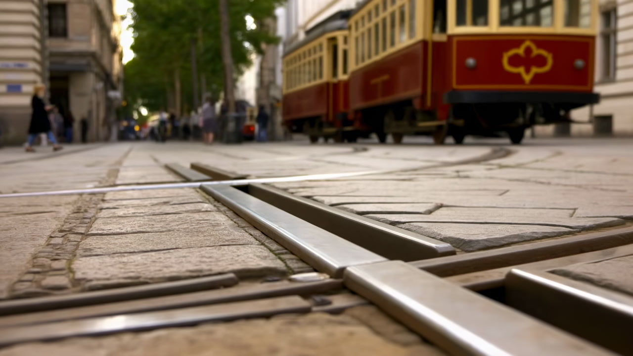 Tram Tracks Streetlevel Cobblestone Perspective Showing Vintage Tram Rolling Past Historic Buildings,