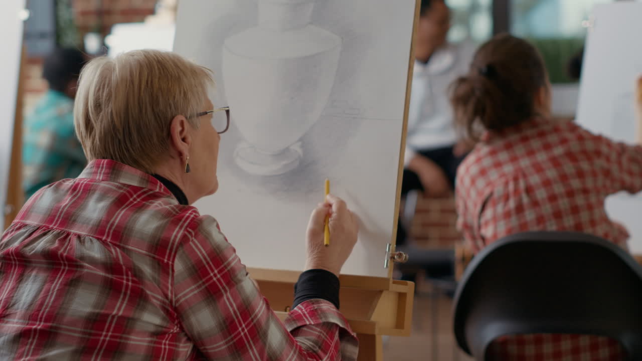 Old student using pencil to draw inspiration model at lesson