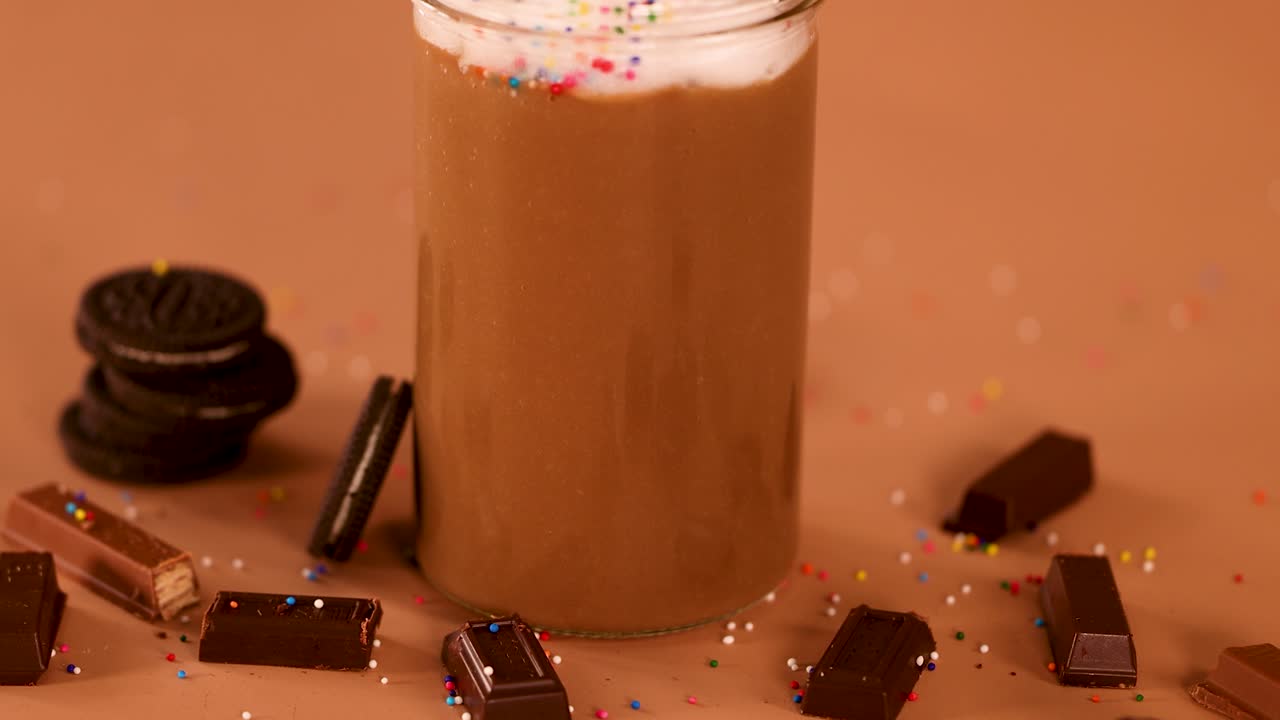 Chocolate milkshake topped with whipped cream, sprinkles, chocolate bar, cookies, brown background, smooth camera push