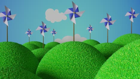 many pinwheels on grass-covered hills. toy windmill landscape. renewable energy concept. 3d render loop animation