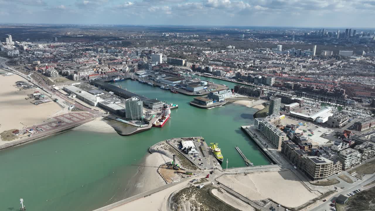 Port of Scheveningen, industrial and recreational port. The Netherlands, aerial view.