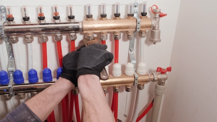 Installing underfloor heating pipes for water heating. Heating systems. Pipes for a heat-insulated floor.