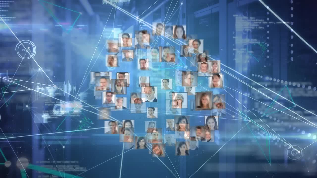 Animation of globe with network of connections and people's photos