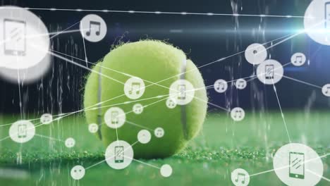 animation of network of connection with icons over tennis ball