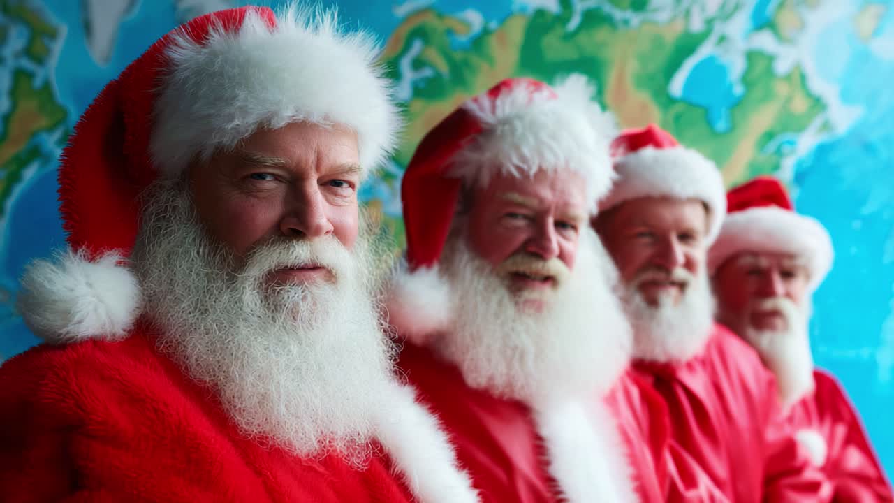 A Festive Gathering of Santa Clauses: A Series of Four Distinguished Santas Displaying Unique Personalities and Styles Against a Vibrant World Map Background, Perfect for Celebrating the Holiday Spirit