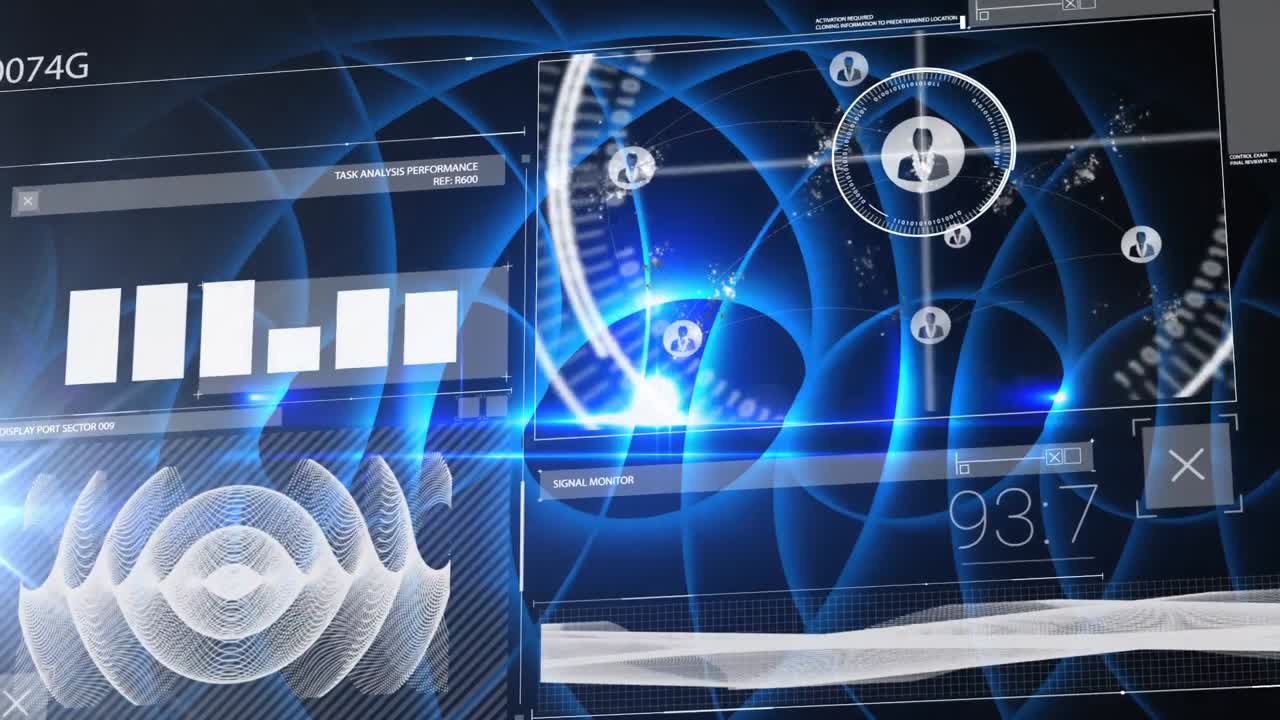 Digital interface with data processing against spot of light on black background