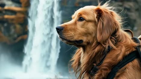 a dog with a backpack standing in front of a waterfall