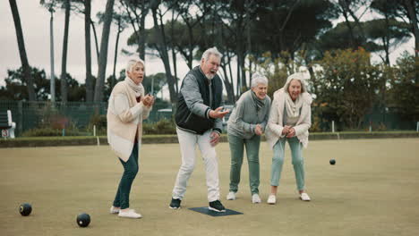 senior man, team and bowling on grass with miss