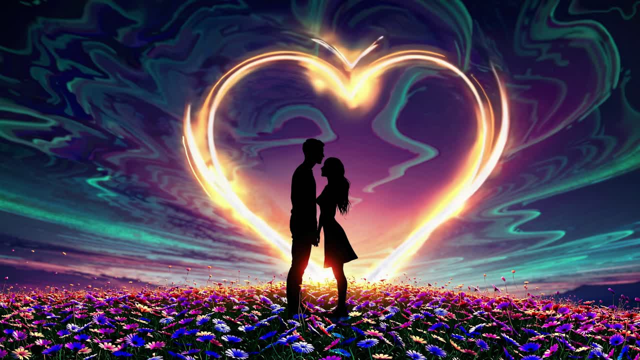 심장 모양의 빛의 게이트웨이 아래 사랑에 빠진 커플