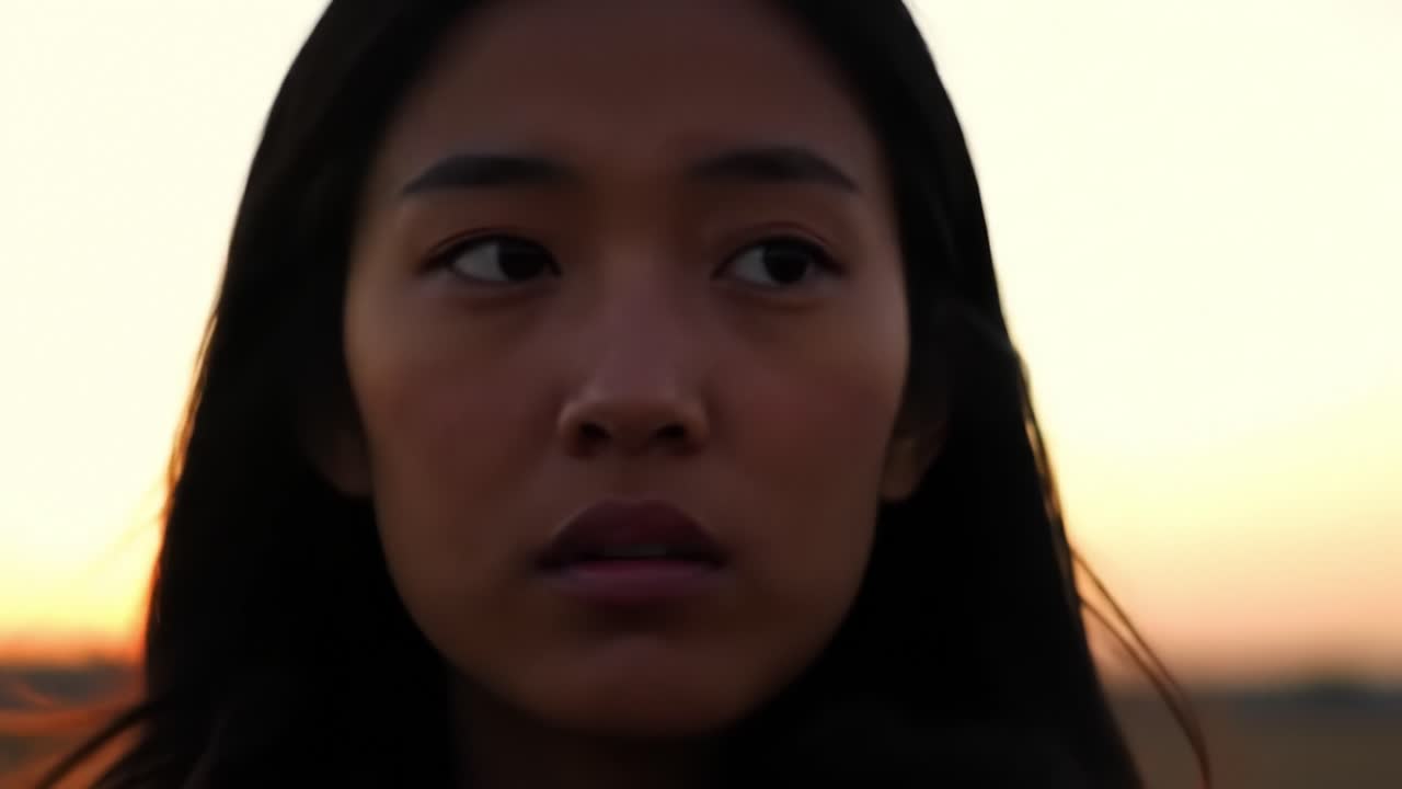 A woman stands quietly in a peaceful outdoor setting, contemplating as the sun sets in the background. Warm colors fill the sky, creating a reflective atmosphere during dusk.