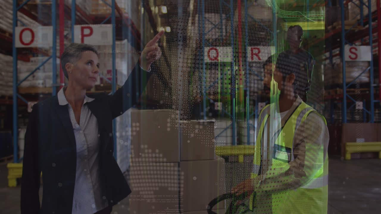 Animation of globe over diverse female and male warehouse workers and road traffic