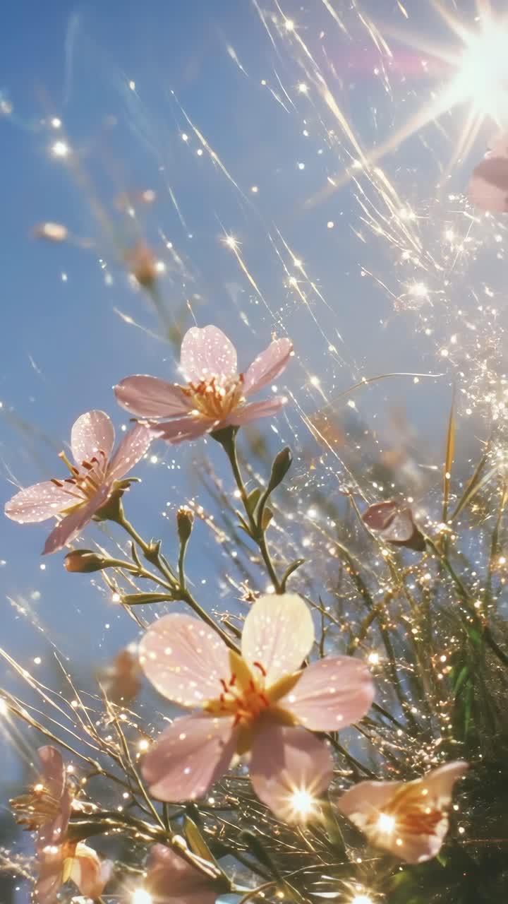 Close-up, low-angle shot of pink flowers with sparkling sunlight, creating a dreamy, ethereal
