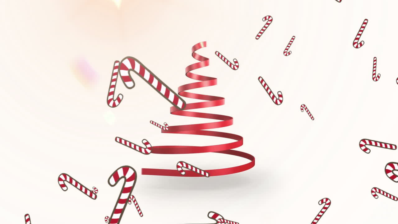 Animation of red spiral tree with floating candy canes on white background