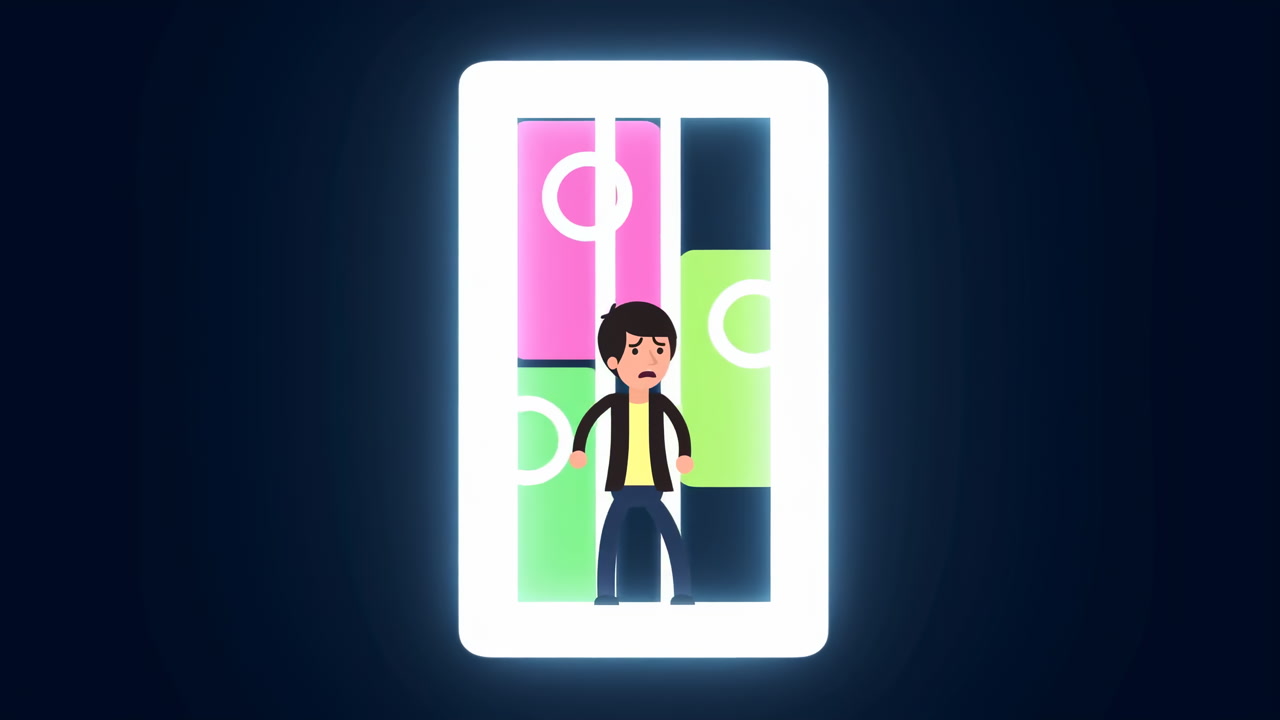 Stressed Man Trapped Inside a Glowing Digital Smartphone Interface