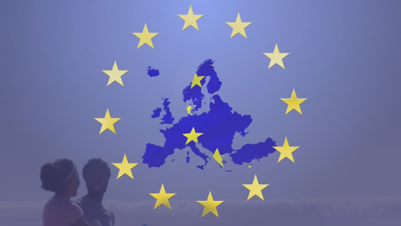 animación de la bandera de la ue sobre la pareja afroamericana