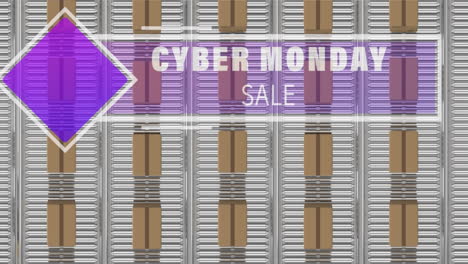 animation of cyber monday sale text over cardboard boxes on conveyor belts
