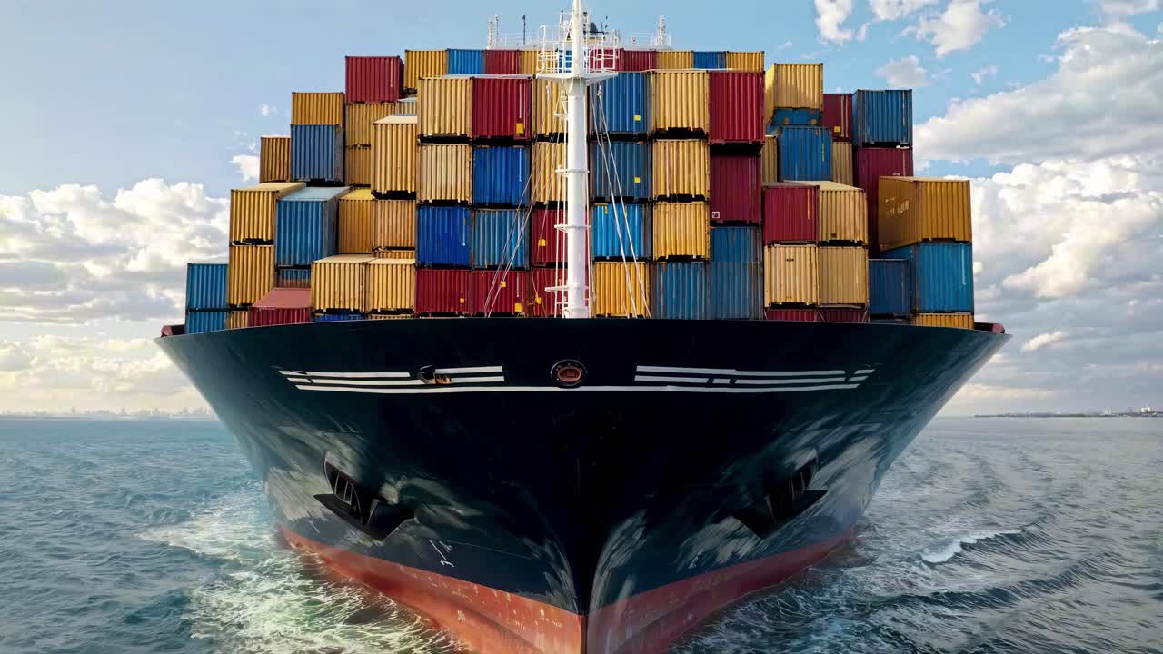 Dynamic low-angle video shot of a cargo ship loaded with colorful containers, emphasizing scale