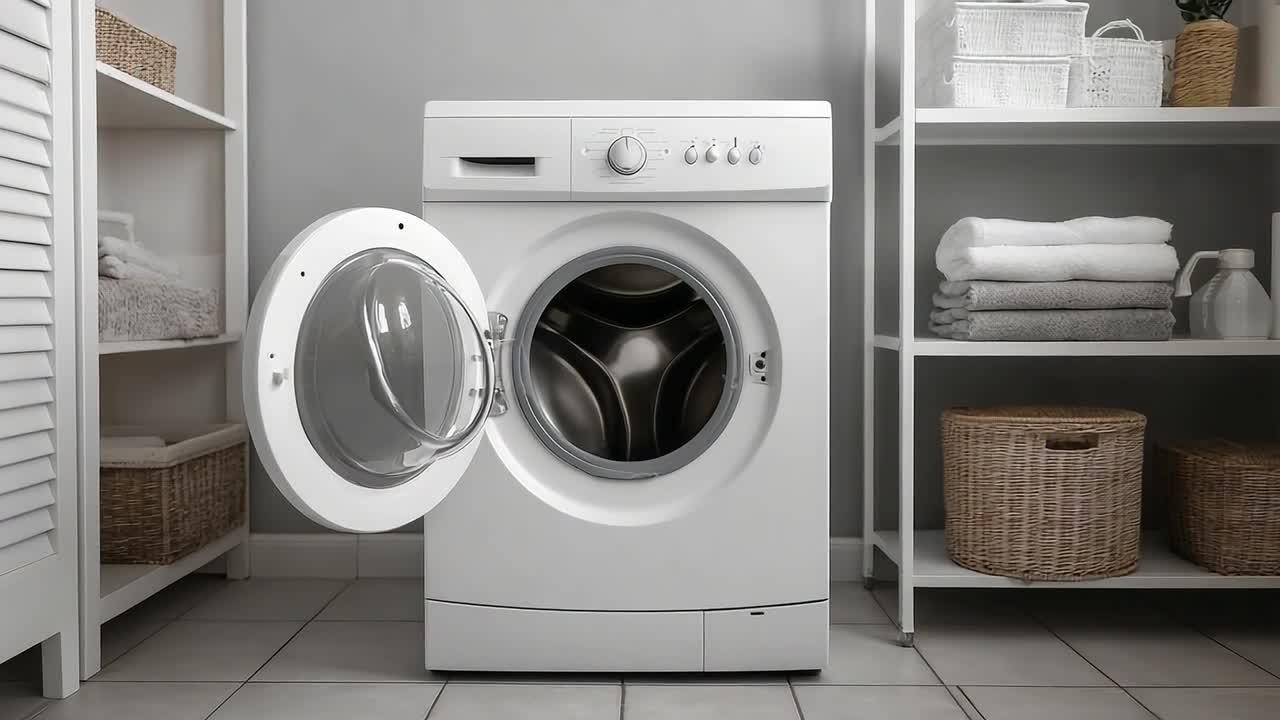 Modern washing machine in a clean laundry room setting with shelves